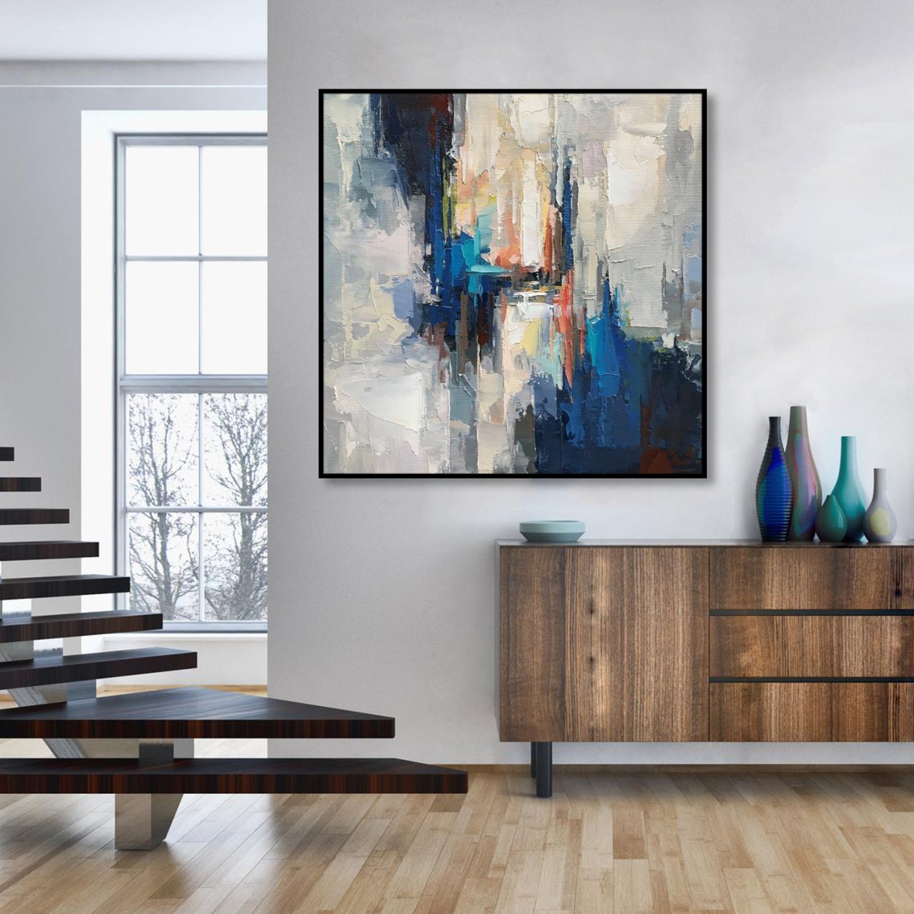 Abstract White'n Blue Yağlı Boya Dokulu Tablo