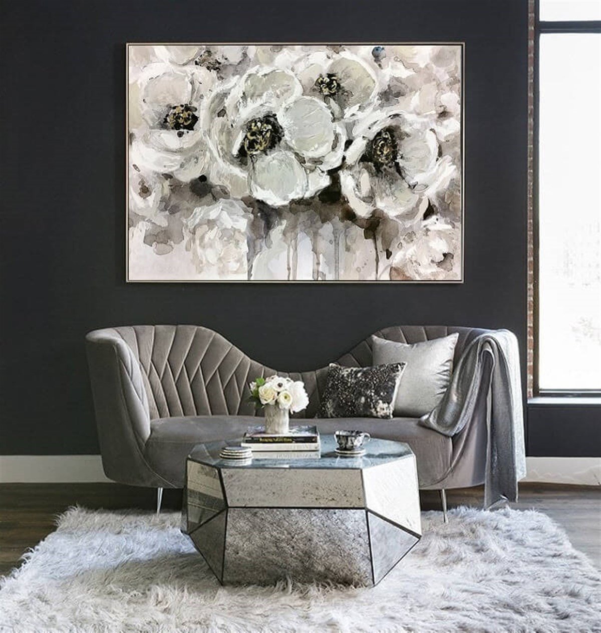 Soyut Beyaz Çiçekler Yağlı Boya Dokulu Tablo