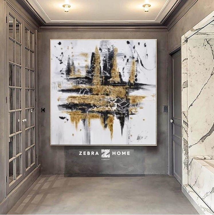 Soyut Gold n Black City Boya Dokulu Tablo