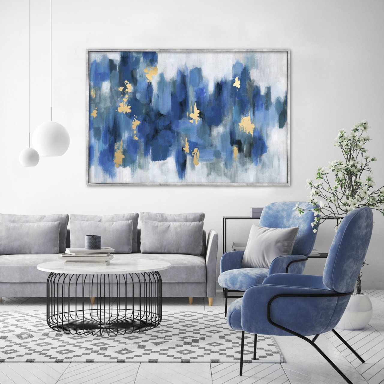 Abstract Blue with Gold Yağlı Boya Dokulu Tablo