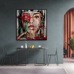 Red Lipstick  Woman with Rose Yağlı Boya Dokulu Tablo