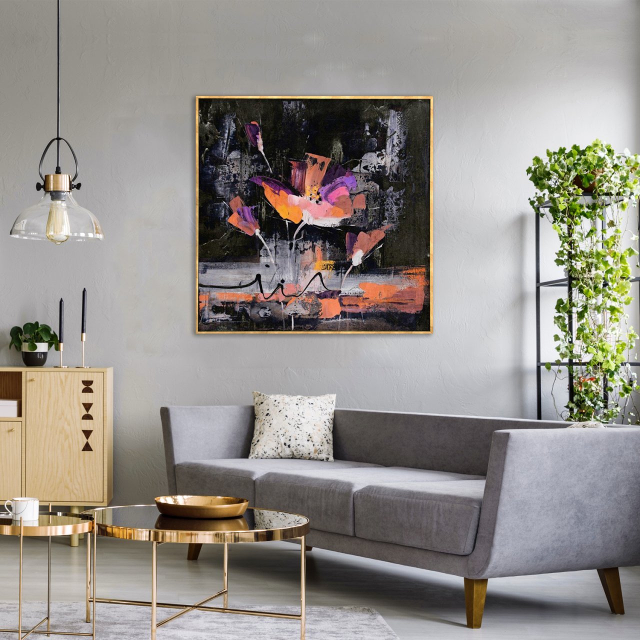 Soyut Oranj Çiçek Yağlı Boya Dokulu Tablo