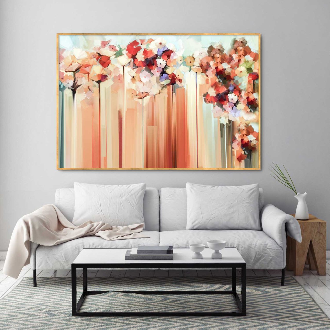 Somon Renk Soyut  Çiçekler Yağlı Boya Dokulu Tablo