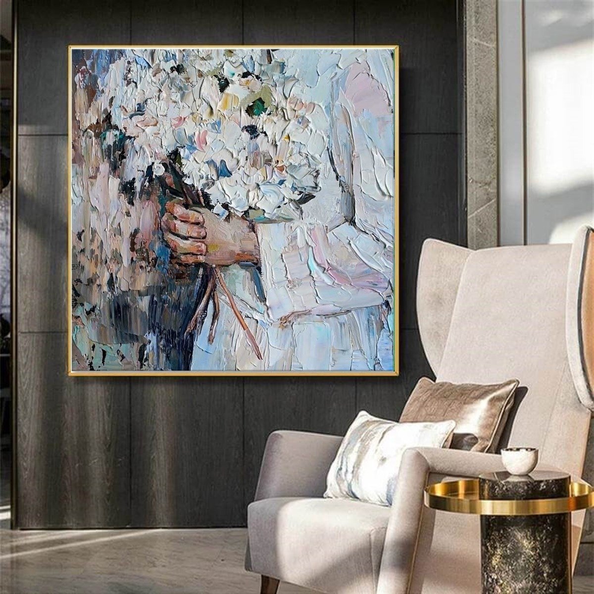 Çicek Buketi Soyut Yağlı Boya Dokulu Tablo