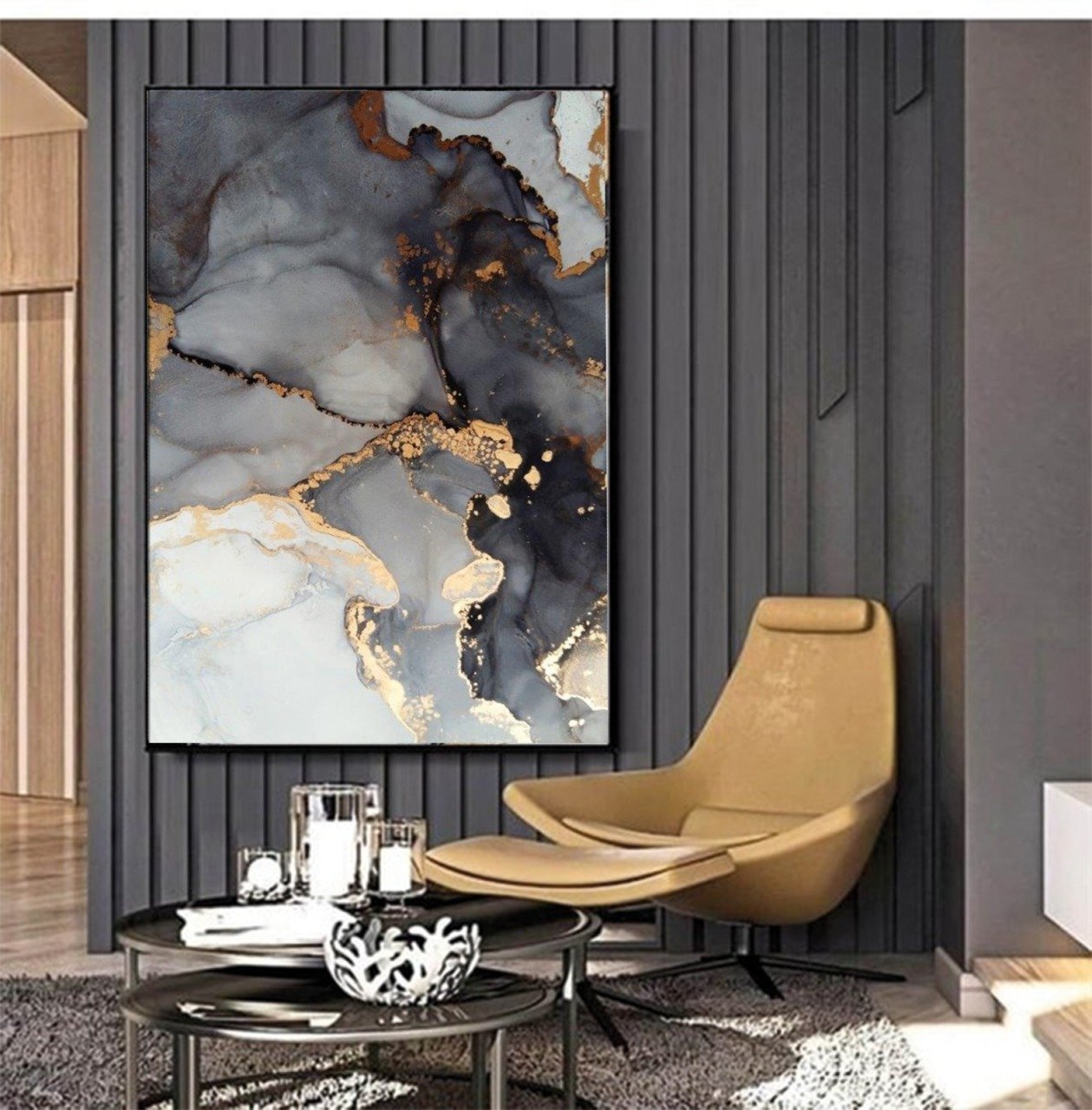 Gold Varak Mermer Yağlı Boya Dokulu Tablo