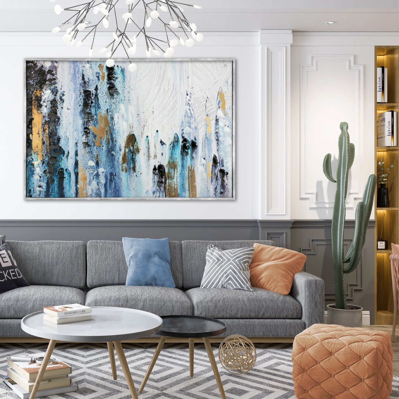 Soyut Gold Varaklı Beyaz Yağlı Boya Dokulu Tablo