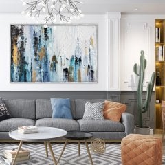 Soyut Gold Varaklı Beyaz Yağlı Boya Dokulu Tablo