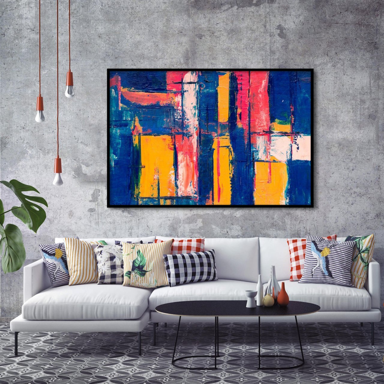 Soyut Sarı Kırmızı Lacivert Yağlı Boya Dokulu Tablo