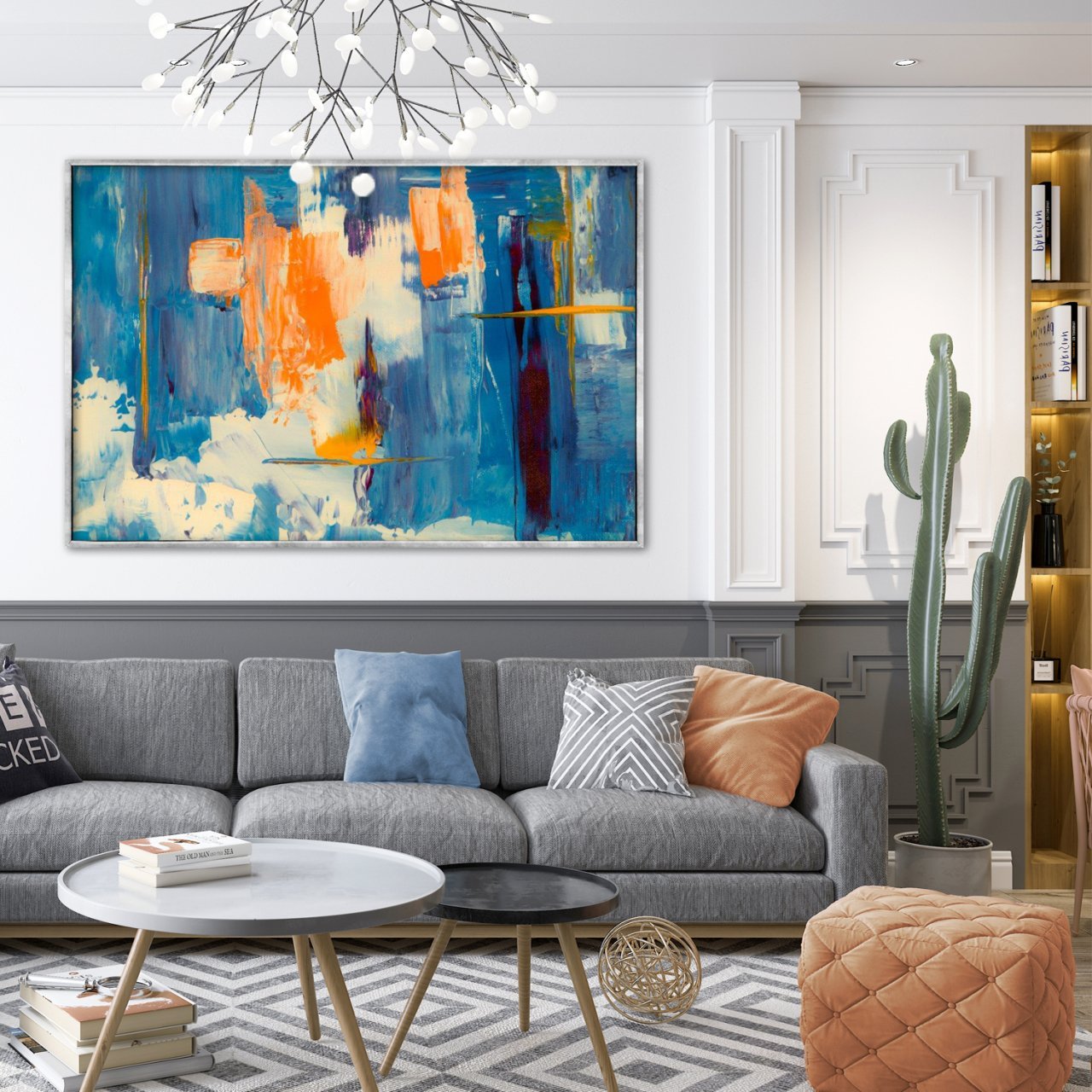 Soyut Turuncu Mavi Yağlı Boya Dokulu Tablo