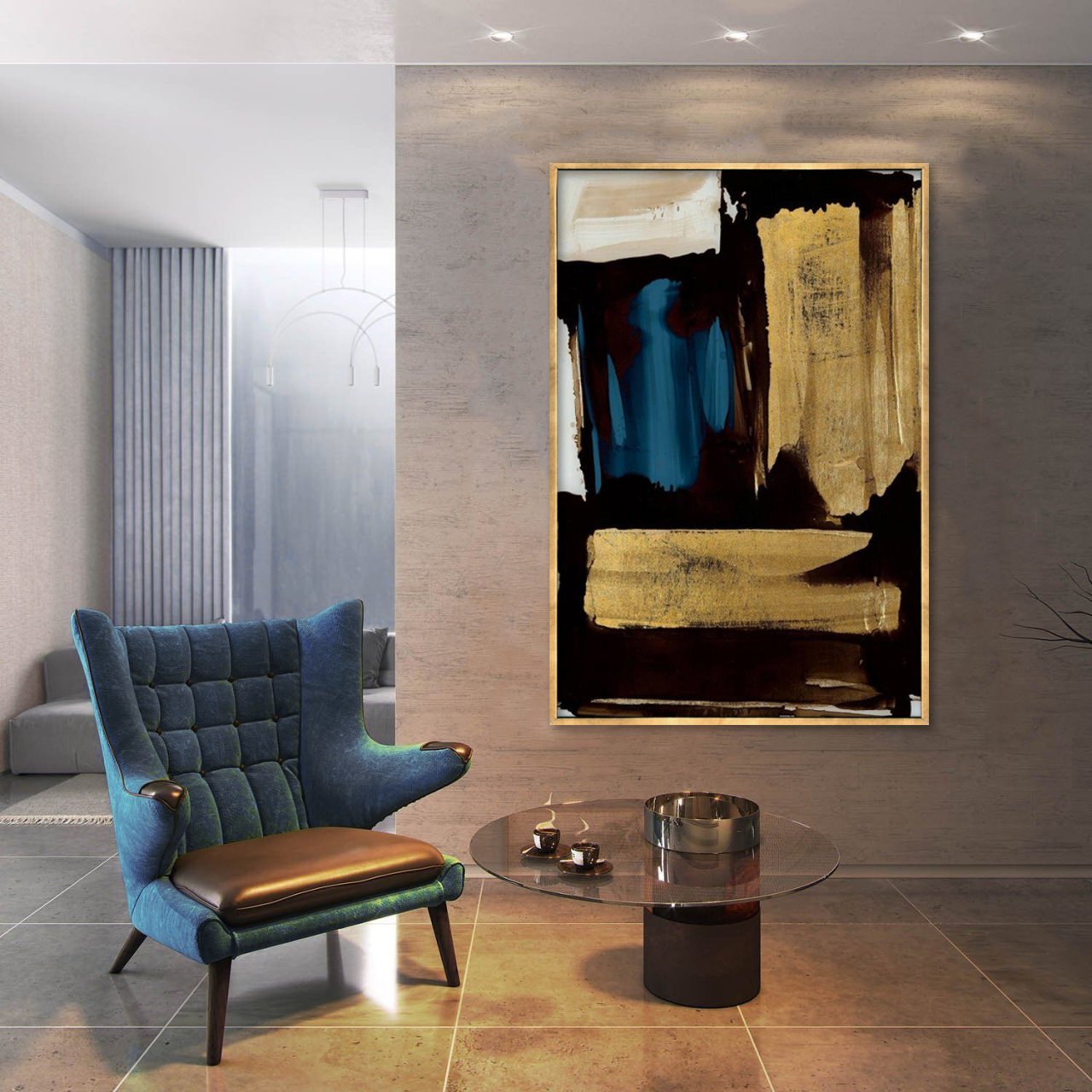 Blue with Gold Yağlı Boya Dokulu Tablo