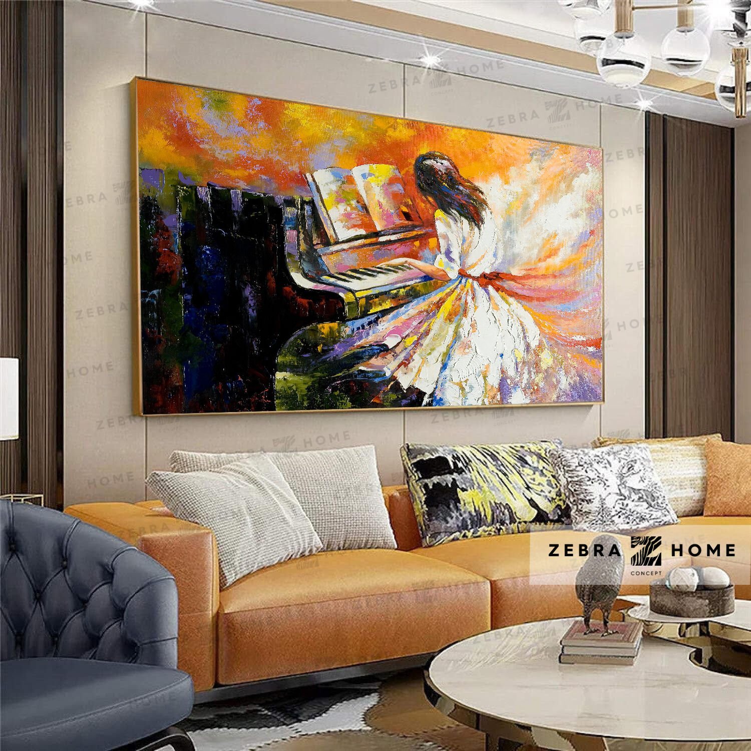 Yağlı Boya Dokulu Piyano Çalan Kız Tablo