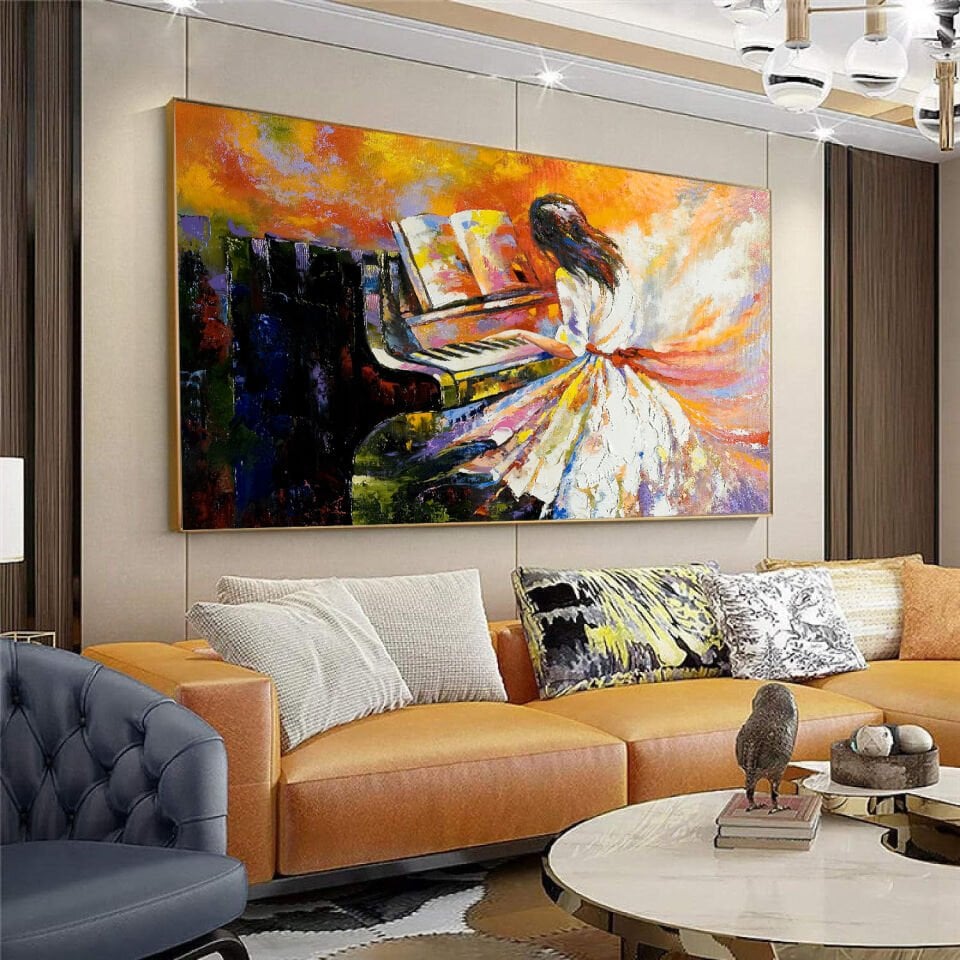 Yağlı Boya Dokulu Piyano Çalan Kız Tablo