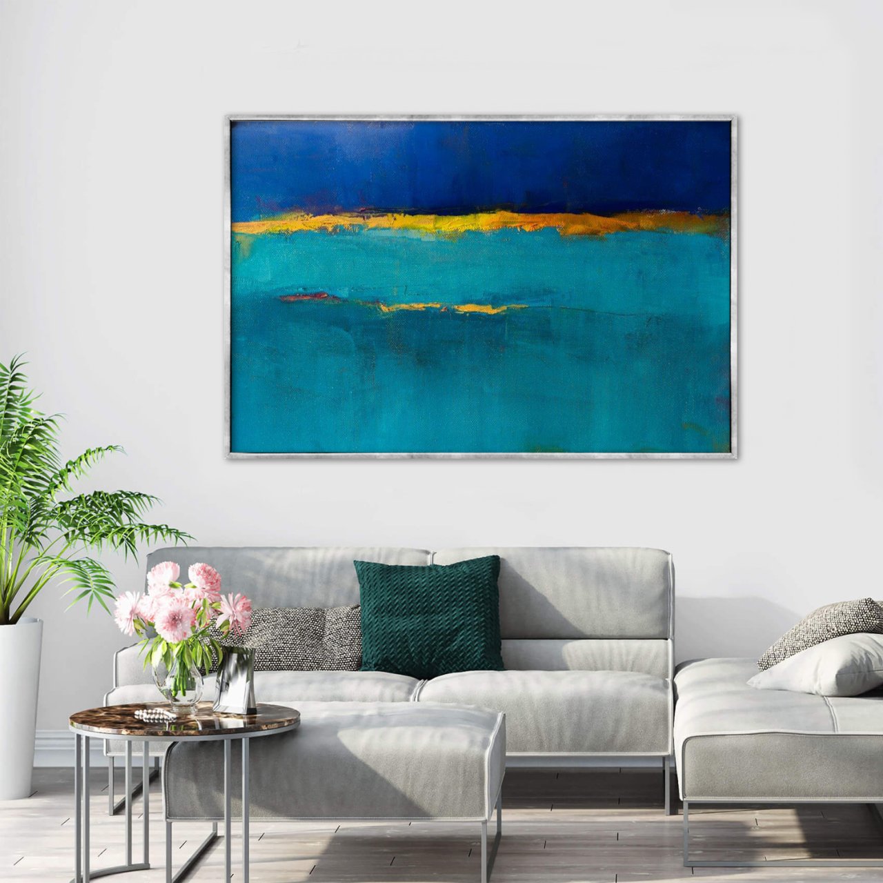 Blue with Gold Stripe Yağlı Boya Dokulu Tablo