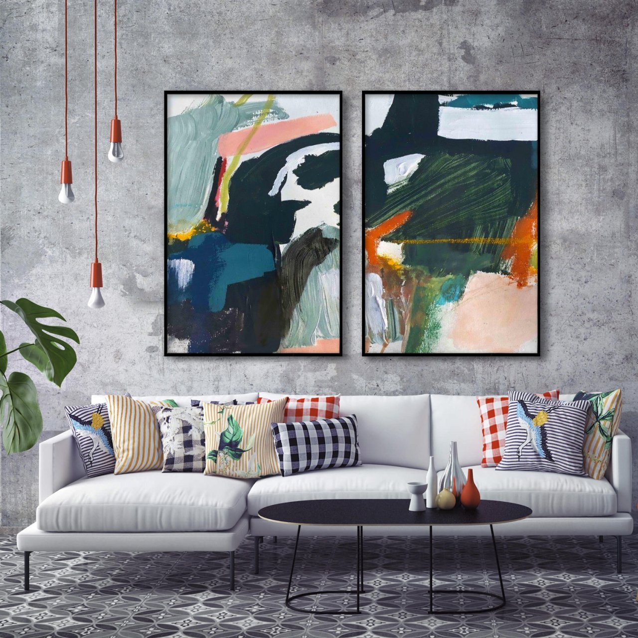 Renkli İkili Soyut Yağlı Boya Dokulu Tablo