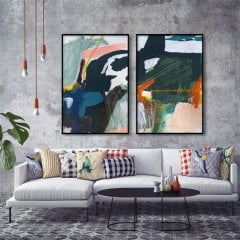 Renkli İkili Soyut Yağlı Boya Dokulu Tablo