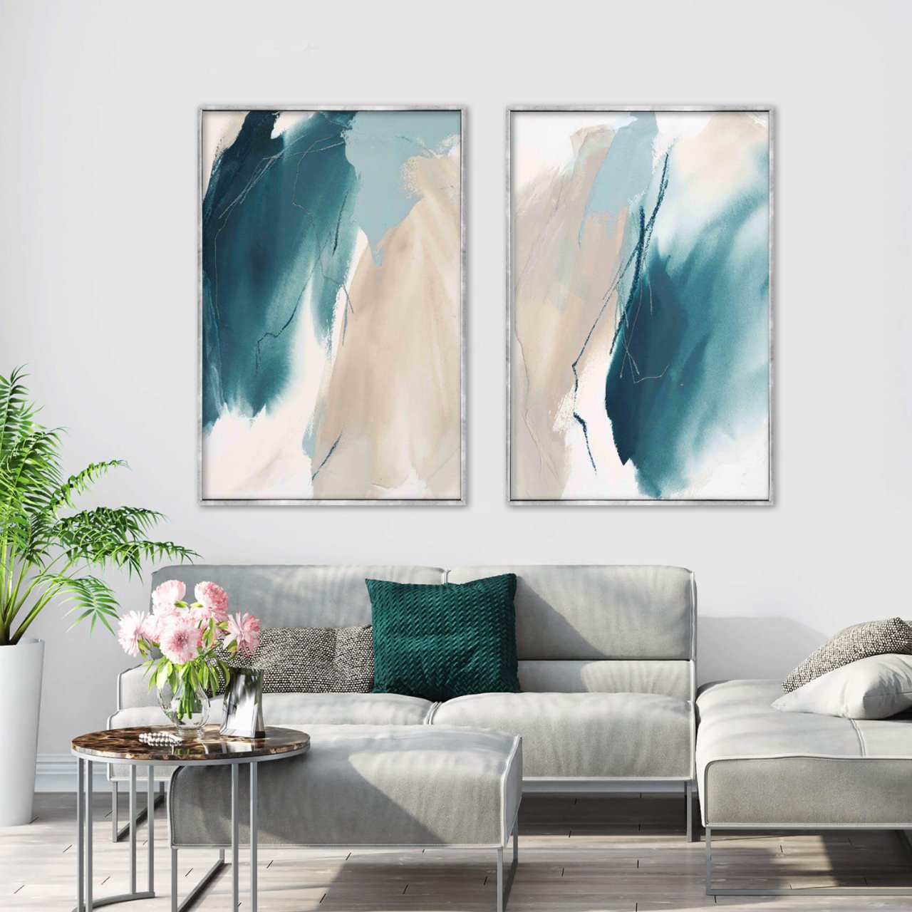 Soft Blue İkili Soyut Yağlı Boya Dokulu Tablo