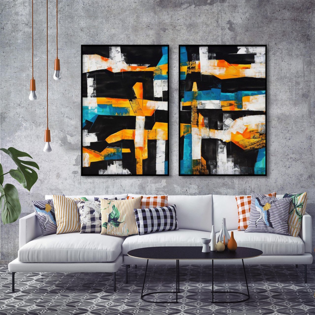 Turuncu Siyah İkili Soyut Yağlı Boya Dokulu Tablo