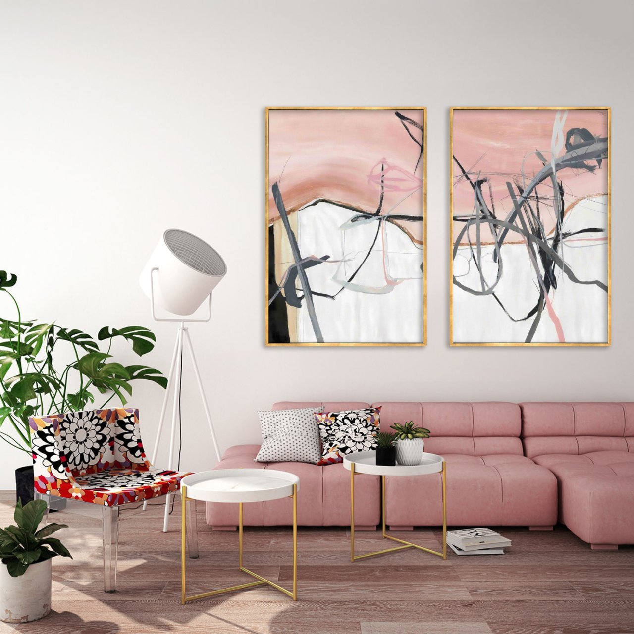 Pembe Beyaz İkili Soyut Yağlı Boya Dokulu Tablo