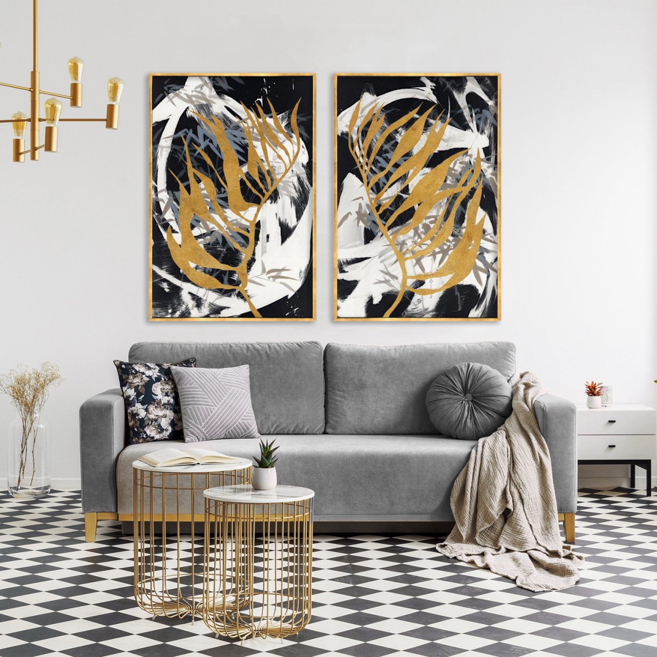 Abstract Gold Leaves İkili Soyut Yağlı Boya Dokulu Tablo