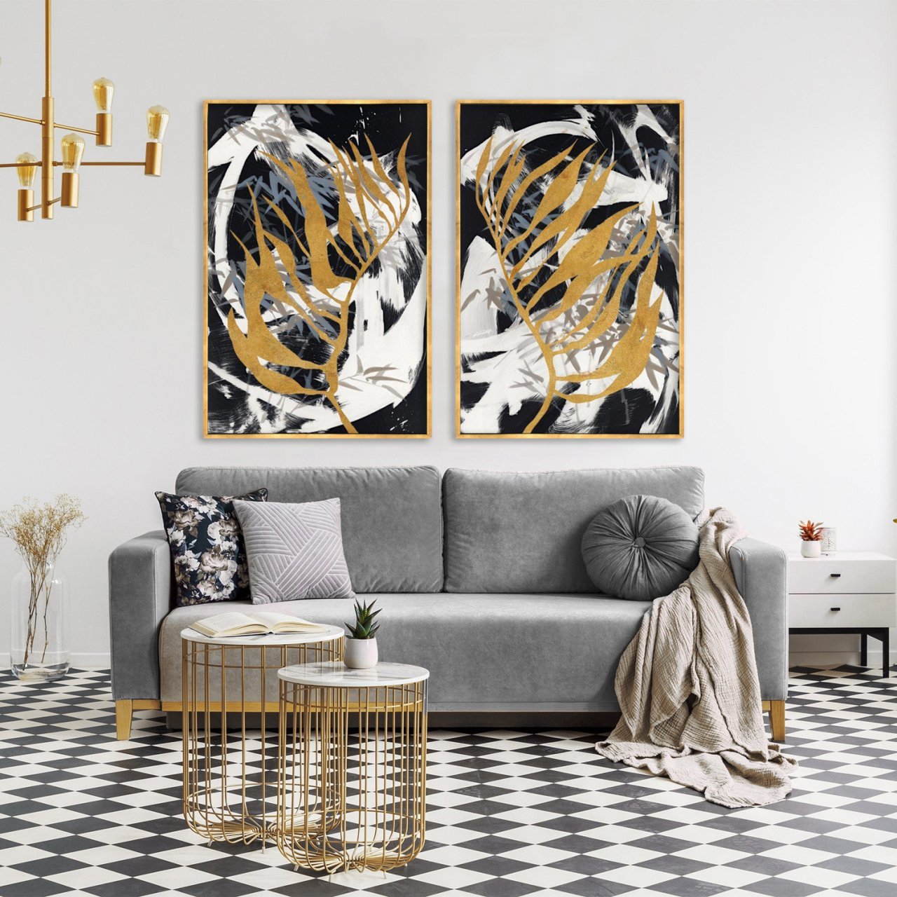 Abstract Gold Leaves İkili Soyut Yağlı Boya Dokulu Tablo