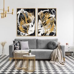 Abstract Gold Leaves İkili Soyut Yağlı Boya Dokulu Tablo