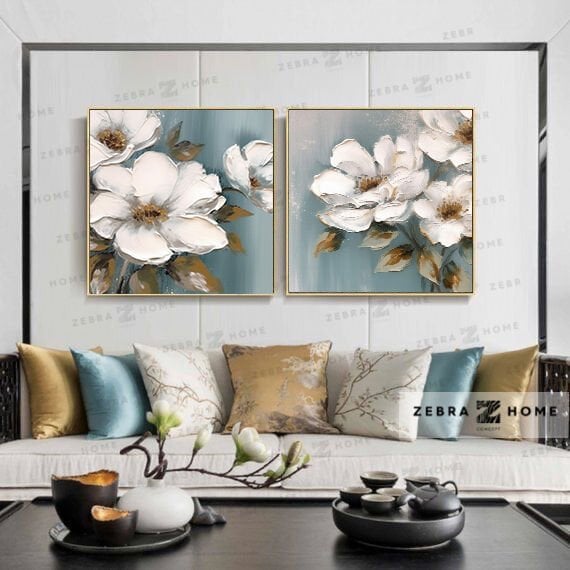 Yağlı Boya Dokulu 2'li Çiçek Tablo