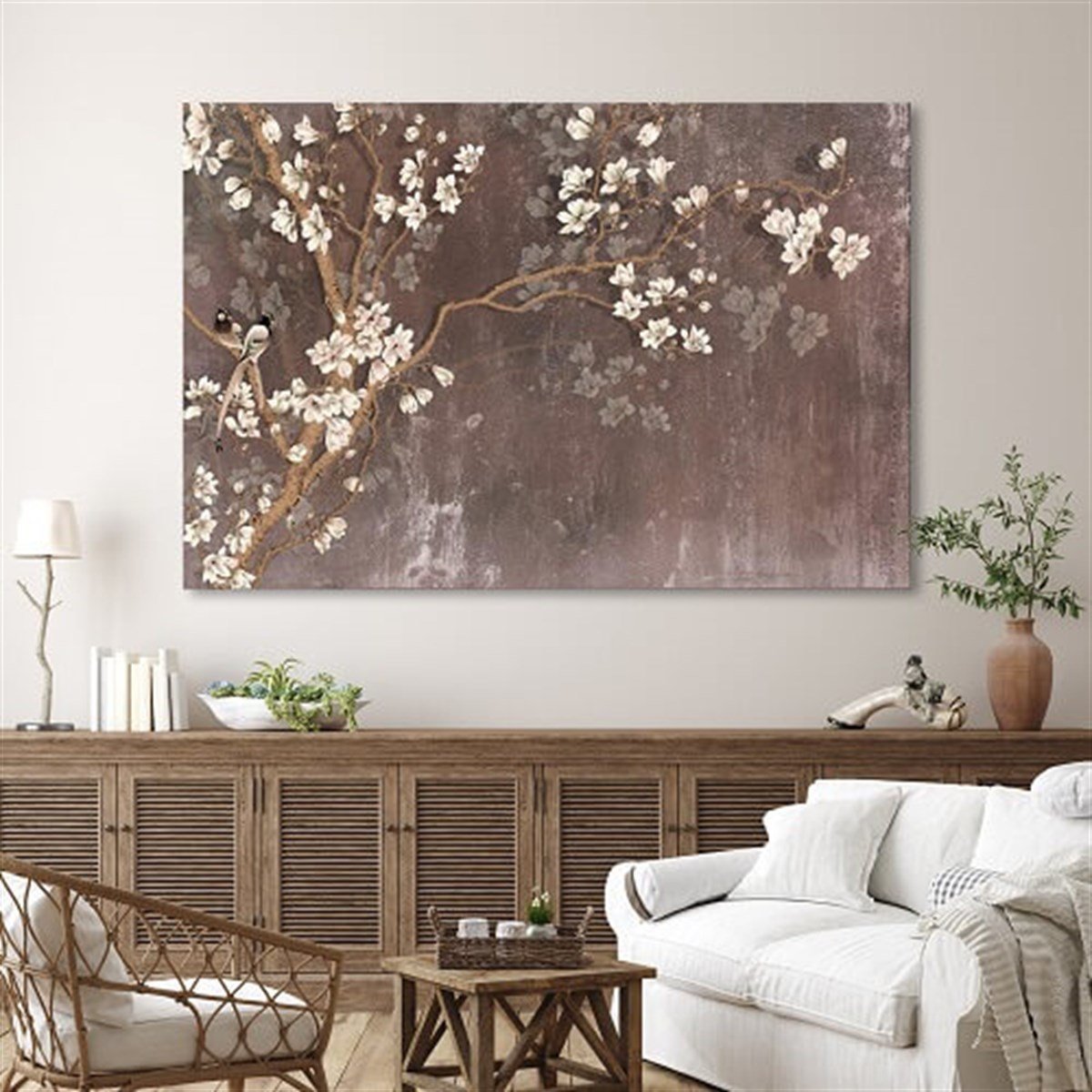 Beyaz Çiçekli Ağaç Dalı Yağlı Boya Dokulu Tablo
