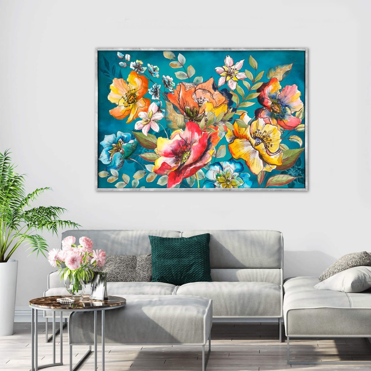 Rengarenk Çiçekler Yağlı Boya Dokulu Tablo