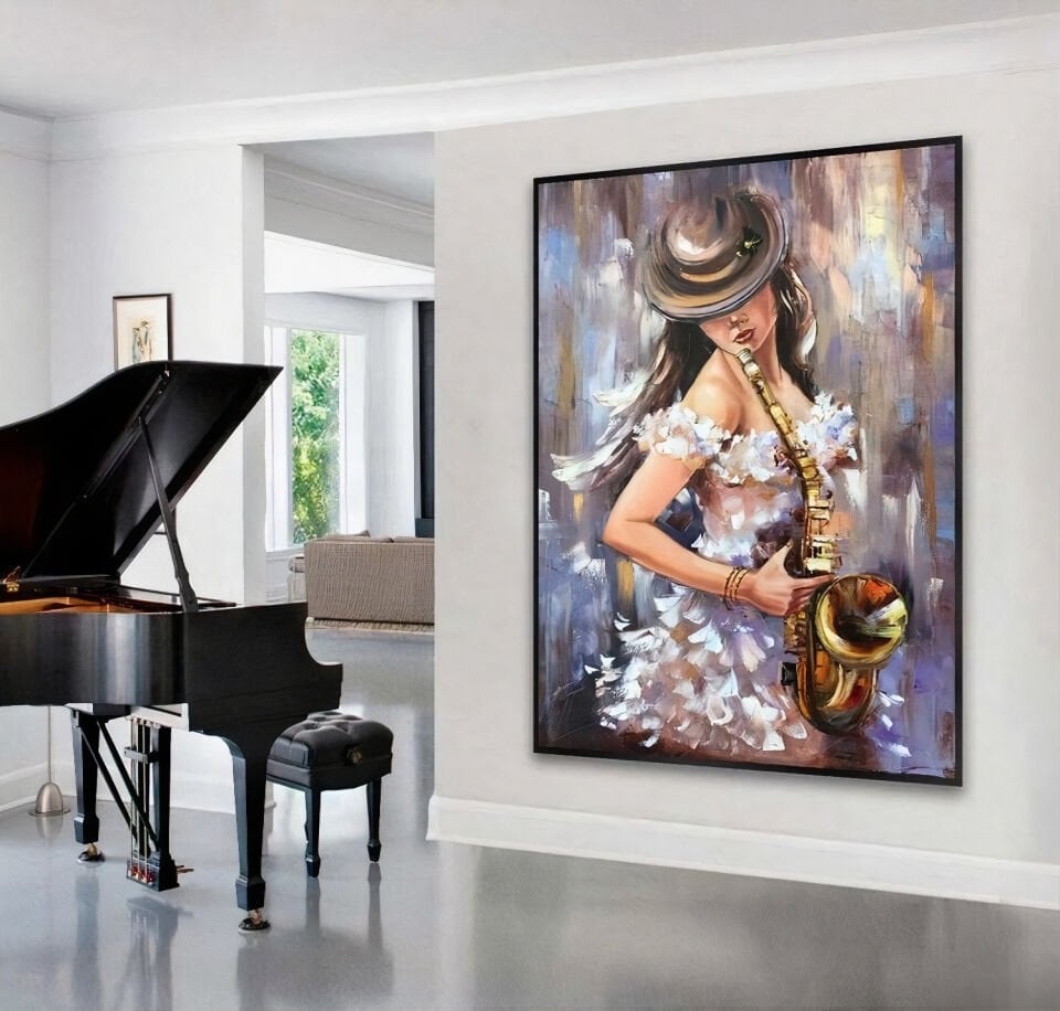 Yağlı Boya Dokulu Müzisyen Kadın