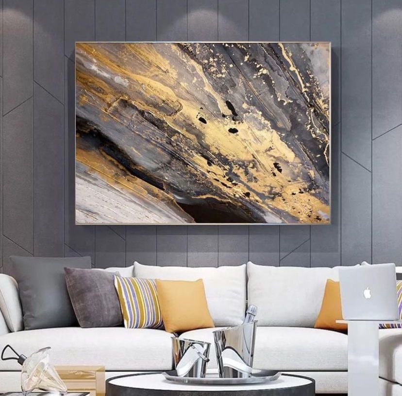 Gold Varaklı Siyah Ve Gri Dokulu Yağlı Boya