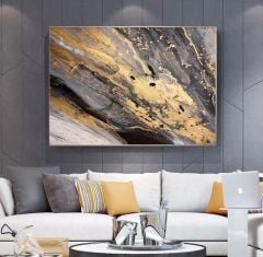 Gold Varaklı Siyah Ve Gri Dokulu Yağlı Boya