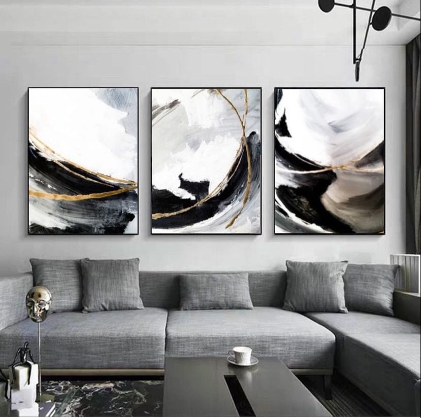 Black White with Gold 3'lü Yağlı Boya Dokulu Tablo