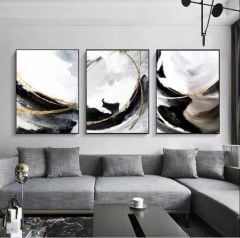 Black White with Gold 3'lü Yağlı Boya Dokulu Tablo