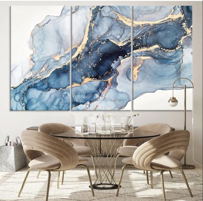 Gold Varaklı Blue White 3'lü Yağlı Boya Tablo