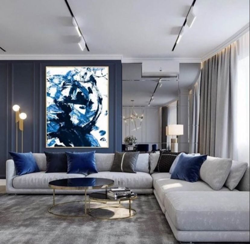 Blue Navy Abstract Yağlı Boya Dokulu Tablo