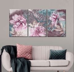 Pink Flower 3'lü Yağlı Boya Dokulu Tablo