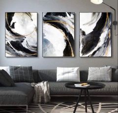 Gold Black n White 3'lü Yağlı Boya Dokulu Tablo