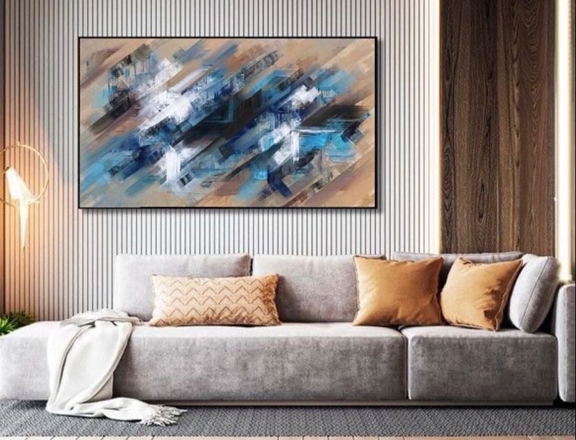 Blue White Abstract Yağlı Boya Dokulu Tablo