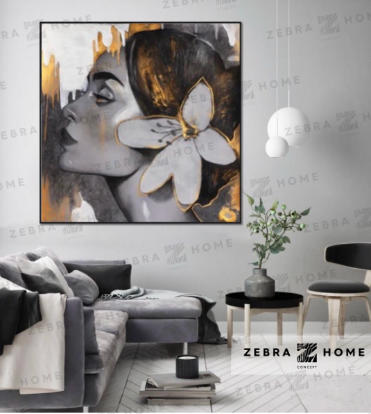 Gold Çiçekli Kadın Yağlı Boya Dokulu Tablo