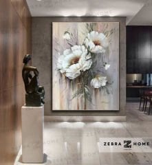 Beyaz Çiçekler Yağlı Boya Dokulu Tablo