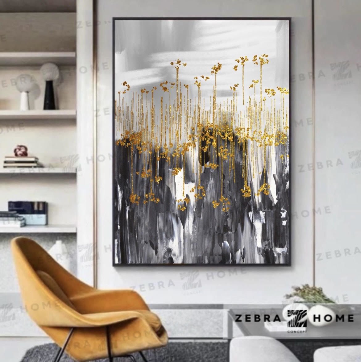 Abstract Gold Flowers Yağlı Boya Dokulu Tablo