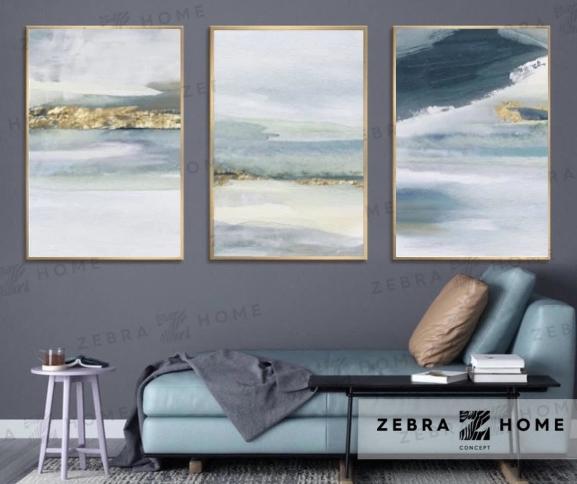 Mavi Manzara 3'lü Yağlı Boya Dokulu Tablo