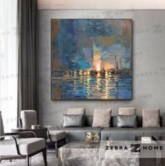 Abstract Boats At Sunset Yağlı Boya Dokulu Tablo