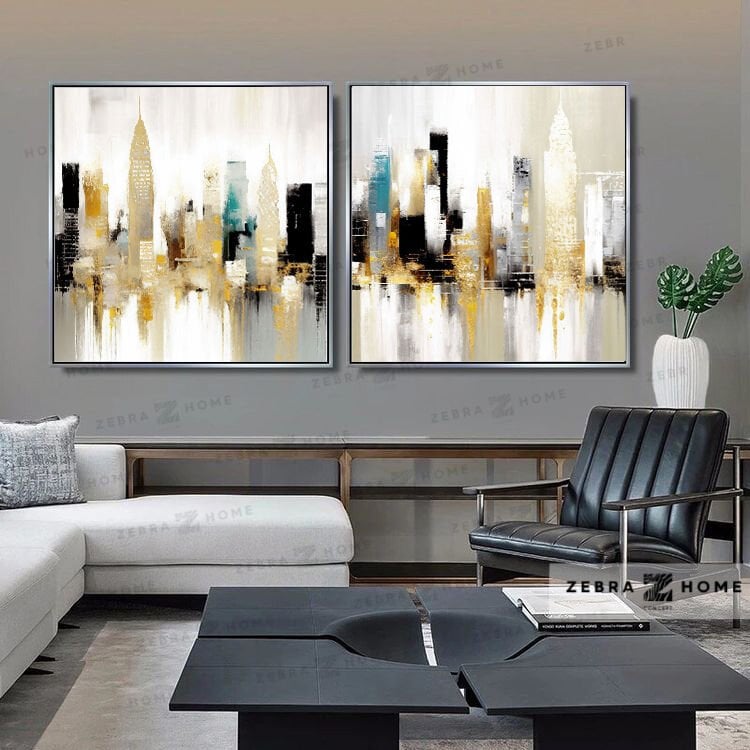 Yağlı Boya Dokulu 2'li Şehir Tablo